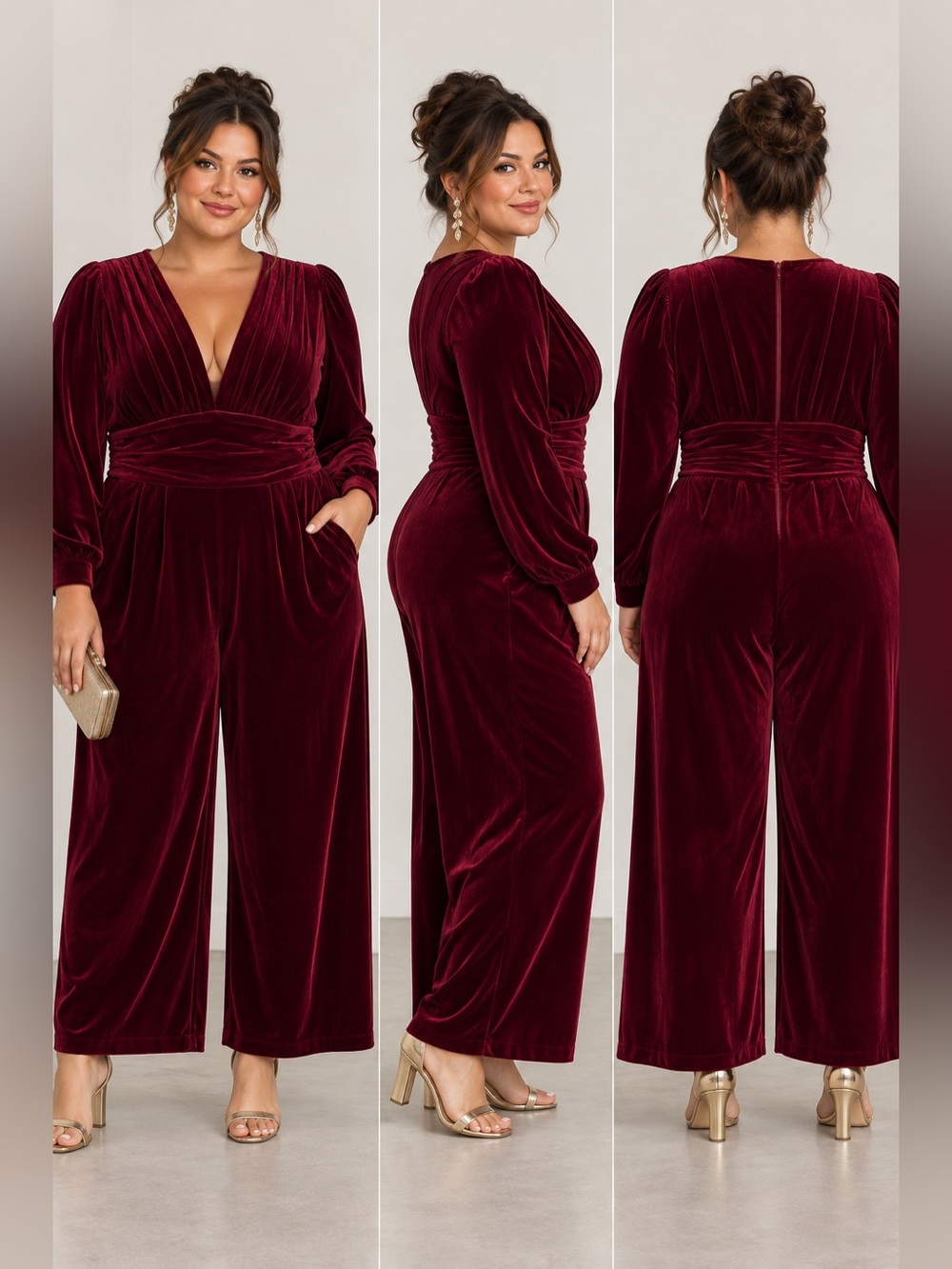 Elegant Women's Velvet V-Neck jumpsuit in Burgundy